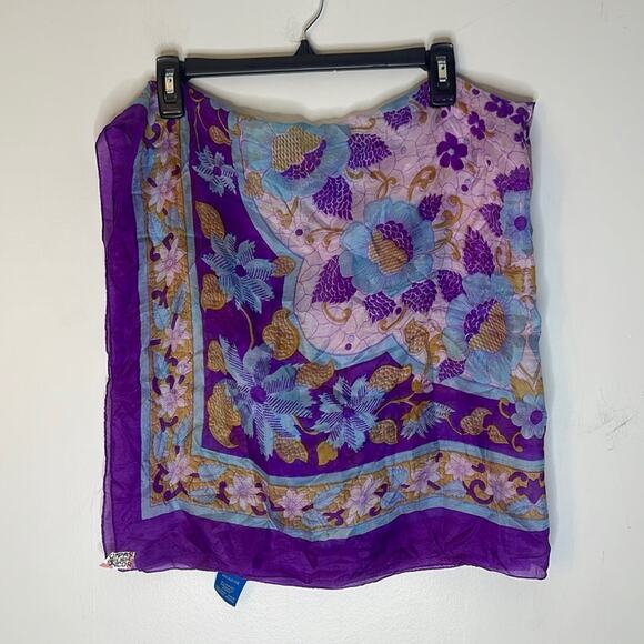 JANIE BESNER 100% Silk Purple and Blue Floral Print Square Scarf - Picture 1 of 6